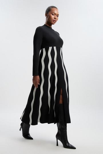 Plus Size Contrast Wave Knit A-Line Knitted Long Sleeve Dress mono