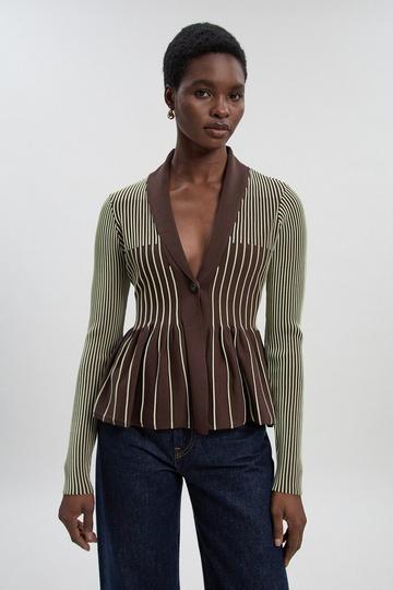 Contrast Stripe Peplum Knitted Jacket olive