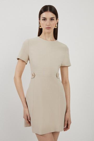 Compact Stretch Essential Waist Tab Detail Tailored Mini Dress beige