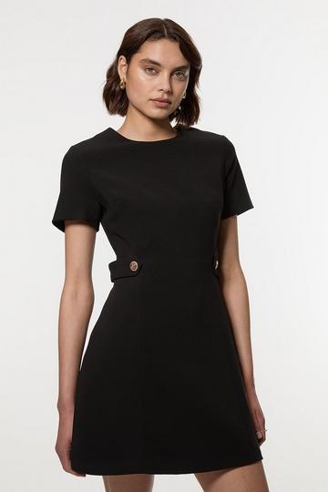 Black Compact Stretch Essential Waist Tab Detail Tailored Mini Dress