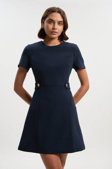Navy Compact Stretch Essential Waist Tab Detail Tailored Mini Dress