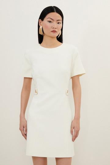 Petite Compact Stretch Essential Waist Tab Detail Tailored Mini Dress cream