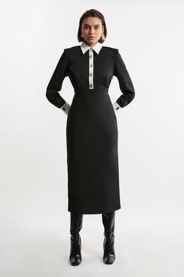 Petite Techno Cotton Woven Maxi Shirt Dress With Gold Clasps mono