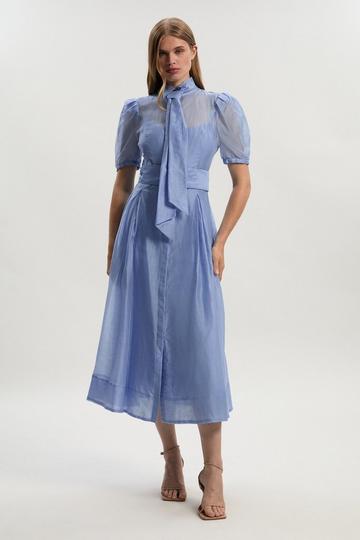 Blue Petite Organdie Tie Neck Woven Midi Dress
