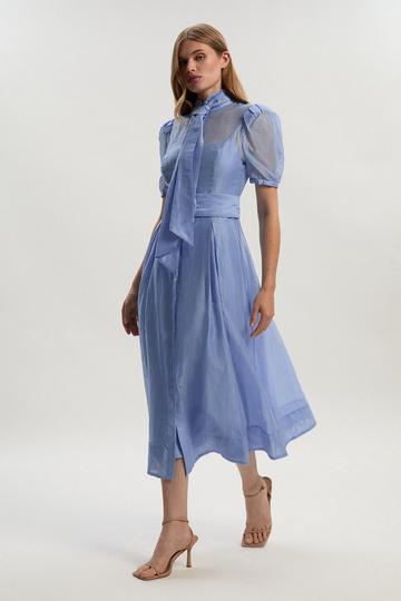 Blue Tall Organdie Tie Neck Woven Midi Dress