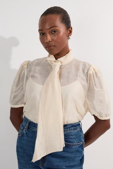 Plus Size Organdie Tie Neck Woven Shirt ivory