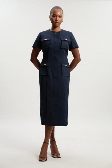 Plus Size Techno Short Sleeve Hardware Detail Woven Midi Dress navy