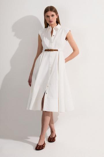 Petite Tailored Cotton Belted Collared Full Midi Dress ivory