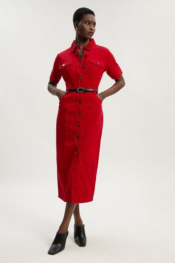 Red Petite Denim Short Sleeve Shirt Dress