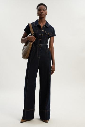 Blue Denim Corset Waist Detail Wide Leg Jumpsuit