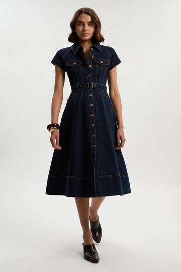 Petite Denim Corset Waist Detail Full Midi Dress dark blue
