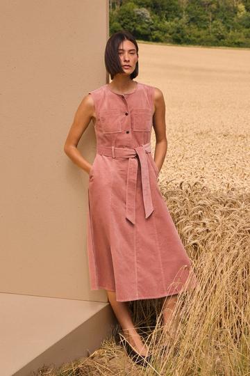 Pink Stretch Cord Belted Midi Dress