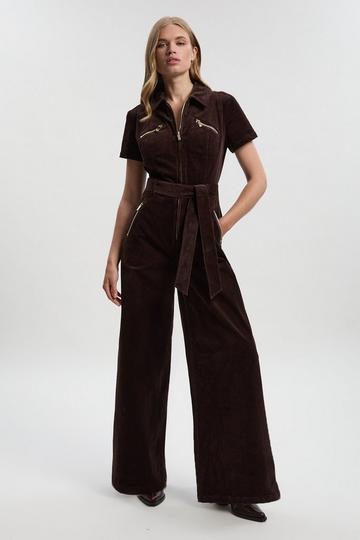 Stretch Cord Wide Leg Jumpsuit chocolate