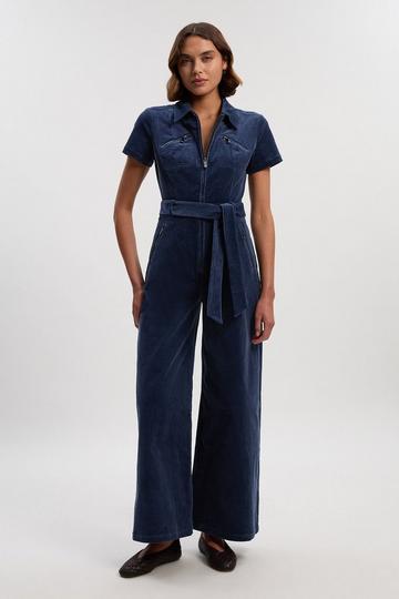 Blue Stretch Cord Wide Leg Jumpsuit