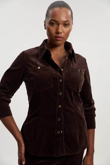 Plus Size Stretch Cord Tailored Shirt chocolate