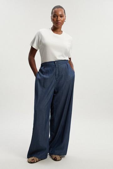 Blue Plus Size Chambray Stretch Denim Wide Leg Trouser