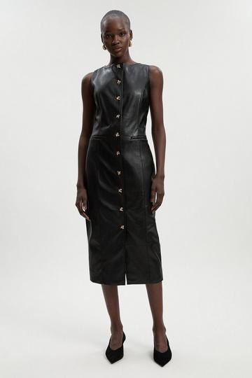 Black Faux Leather Button Detail Midi Pencil Dress