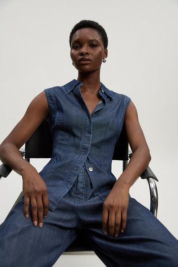Blue Chambray Stretch Denim Sleeveless Collared Top