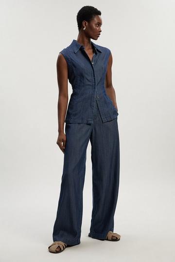 Blue Chambray Stretch Denim Wide Leg Trouser