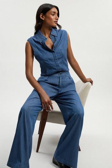Blue Chambray Stretch Denim Wide Leg Trouser