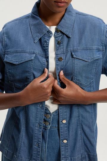 Blue Plus Size Chambray Stretch Denim Shirt