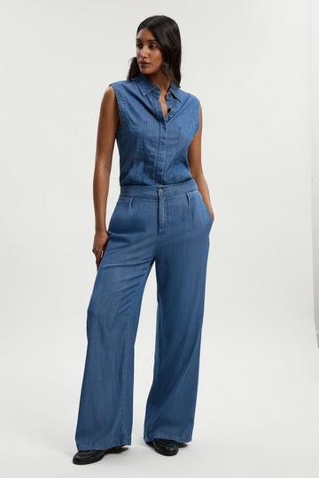 Petite Chambray Stretch Denim Wide Leg Trouser mid blue