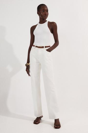 Rigid Denim Mid Rise Straight Leg Jean cream