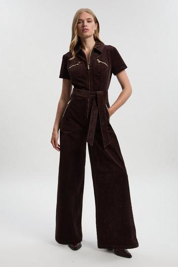 Petite Stretch Cord Wide Leg Jumpsuit chocolate