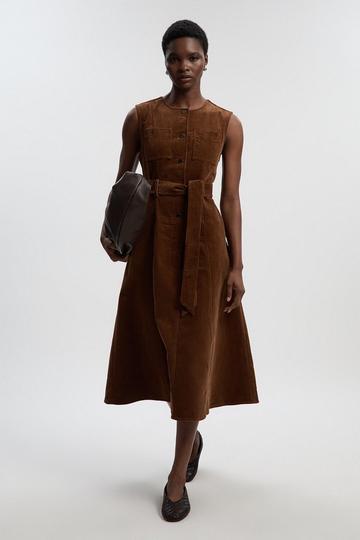 Petite Stretch Cord Belted Midi Dress tan