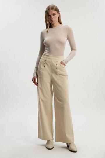 Cream White Stretch Cord Button Front Wide Leg Trouser