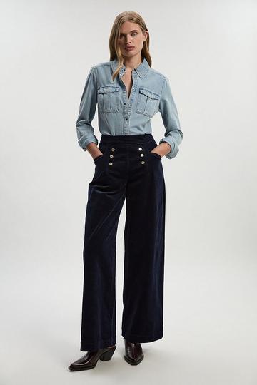 Navy Stretch Cord Button Front Wide Leg Trouser