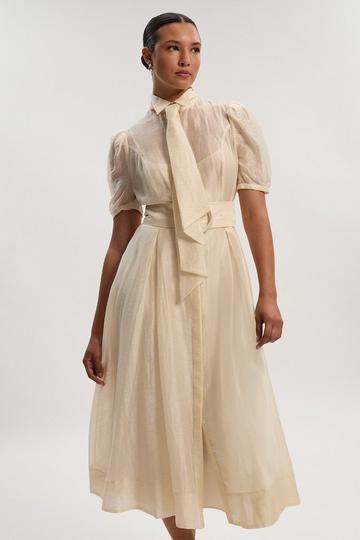 Organdie Tie Neck Woven Midi Dress ivory