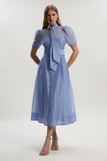 Organdie Tie Neck Woven Midi Dress light blue