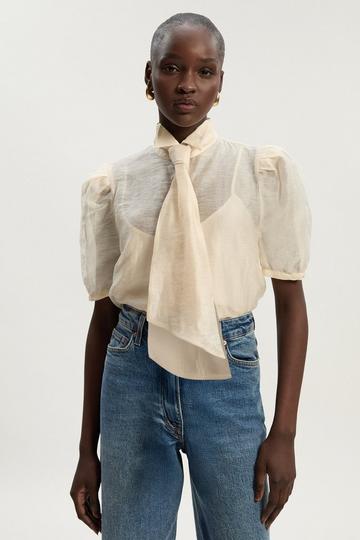 Organdie Tie Neck Woven Shirt ivory