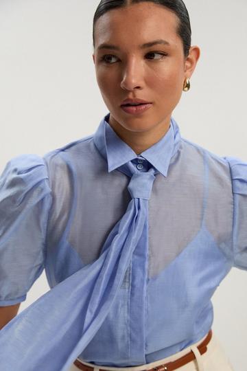 Organdie Tie Neck Woven Shirt light blue