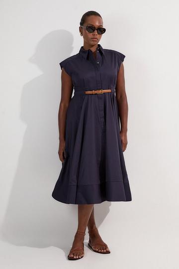 Plus Size Tailored Cotton Belted Collared Full Midi Dress navy