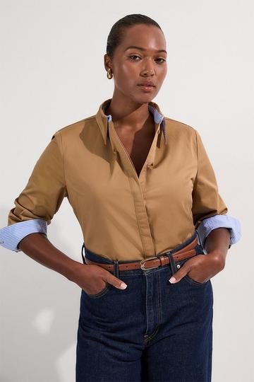 Plus Size Cotton Contrast Tailored Shirt camel