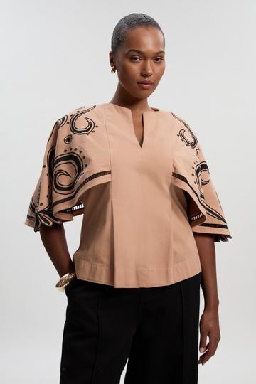 Pink Plus Size Baroque Embroidered Cape Sleeve Woven Twill Top
