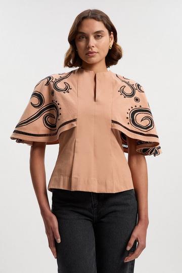 Pink Baroque Embroidered Cape Sleeve Woven Twill Top