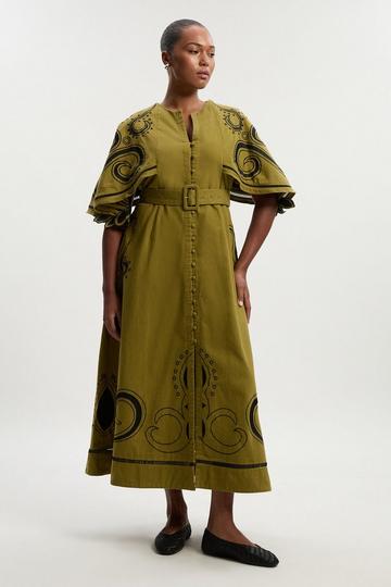 Plus Size Baroque Embroidered Cape Sleeve Twill Woven Maxi Dress khaki
