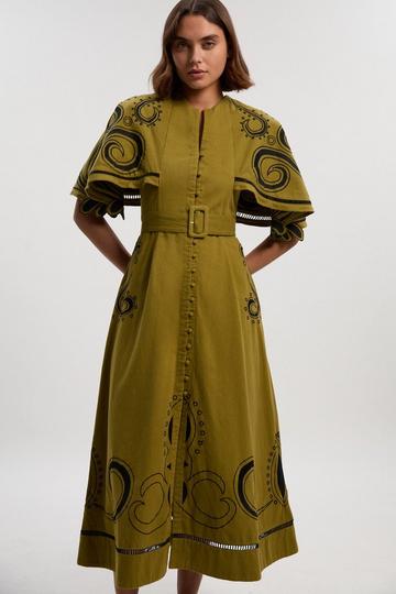Baroque Embroidered Cape Sleeve Twill Woven Maxi Dress khaki