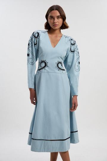 Baroque Embroidered Long Sleeve Twill Woven Midi Dress blue