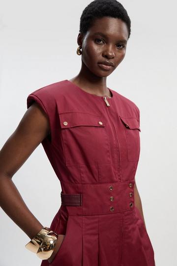 Petite Cotton & Faux Leather Tab Utility Jumpsuit burgundy
