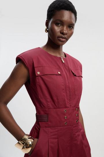 Cotton & Faux Leather Tab Utility Jumpsuit burgundy