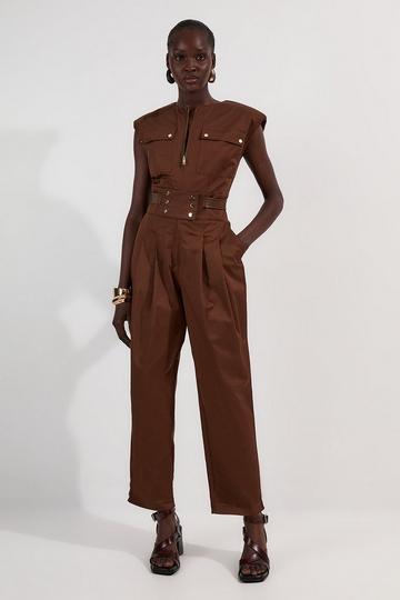 Cotton & Faux Leather Tab Utility Jumpsuit chocolate