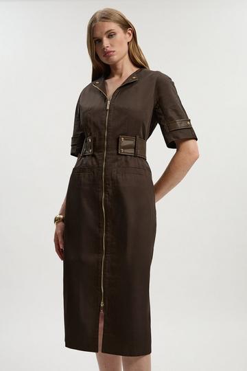 Cotton & Faux Leather Tab Utility Midi Dress chocolate