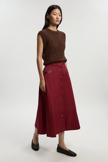 Burgundy Red Cotton & Faux Leather Tab Full Maxi Skirt