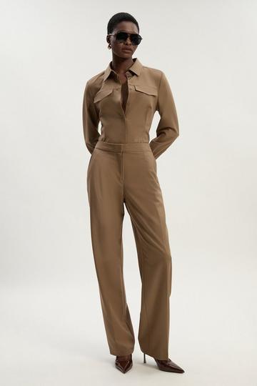Camel Beige Viscose Blend Tailored Tapered Leg Trouser