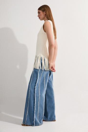 Petite Denim Tassel Detail Wide Leg Jeans mid blue