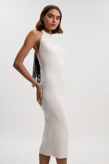 Viscose Blend Slinky Sheer Lace Back Detail Knit Midi Dress cream